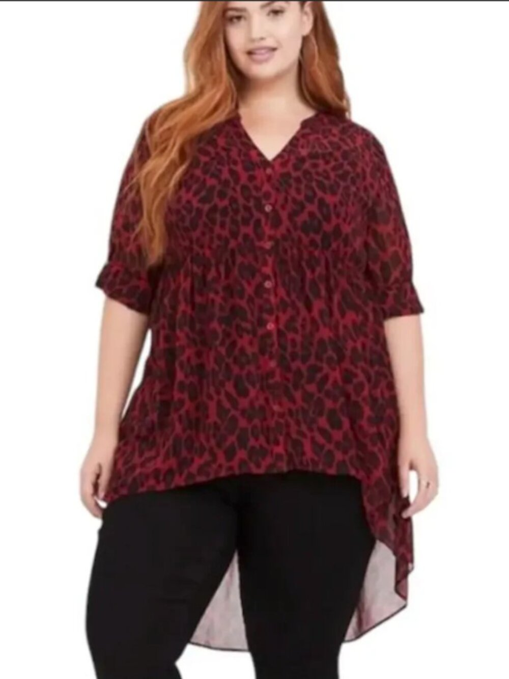 Torrid Red and Black Cheetah Animal Print Semi-Sheer Tunic Shirt